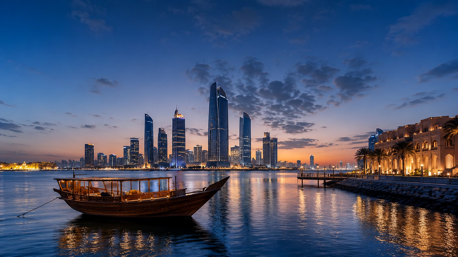 Abu Dhabi waterfront at twilight with a traditional dhow