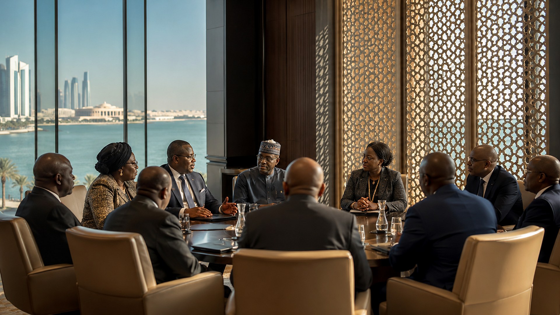 Private high-level African leadership discussion in a waterfront meeting room