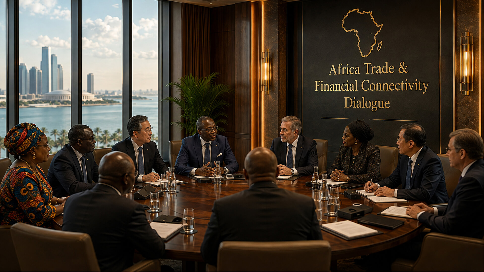 Reunião privada de alto nível entre líderes africanos numa sala junto à água