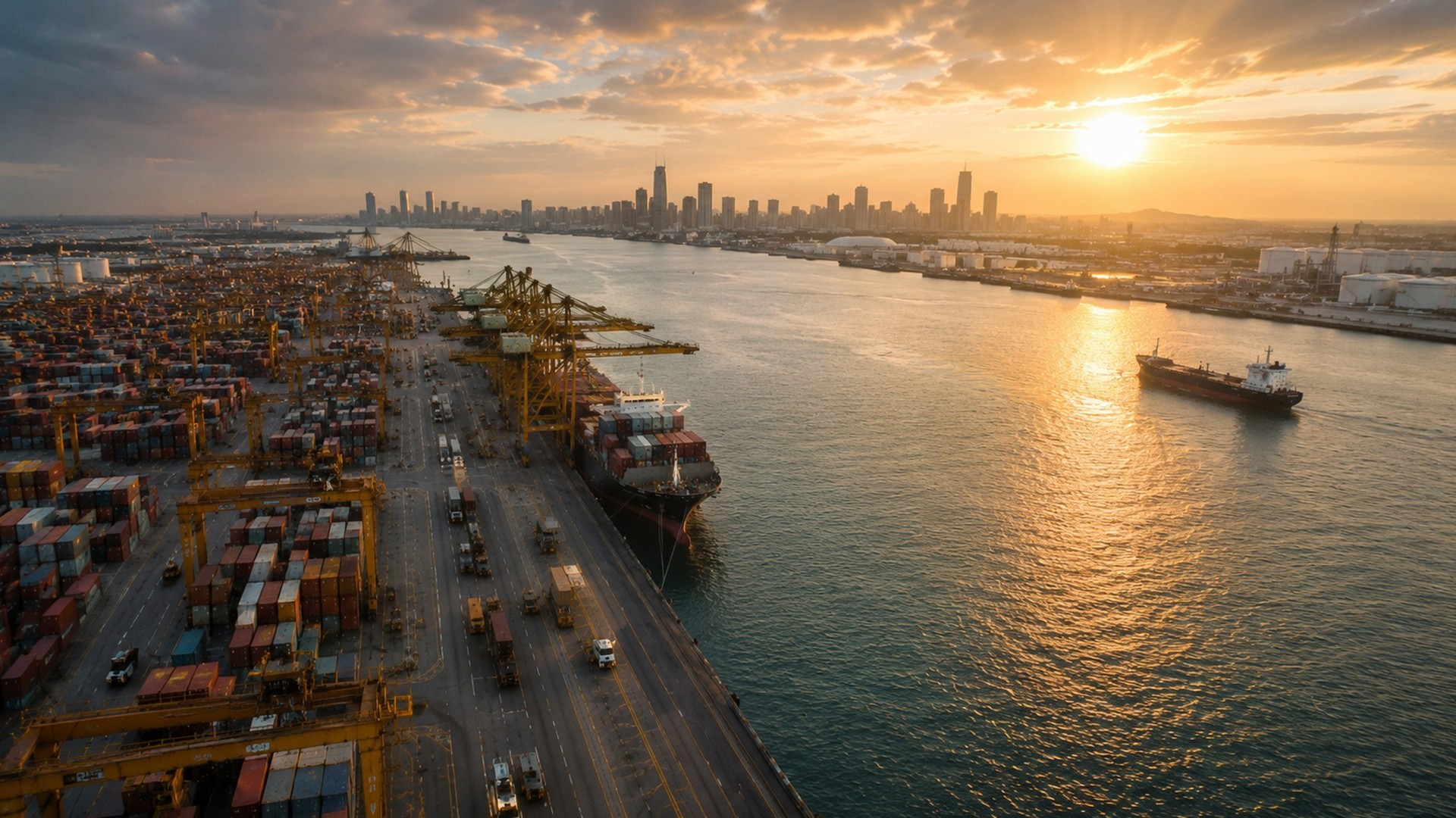 Porto de contentores e corredor comercial internacional ao pôr do sol